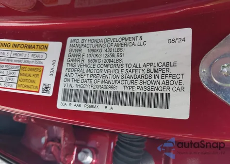2024 Honda Accord Lx z USA, uszkodzony, nr VIN 1HGCY1F2XRA089881